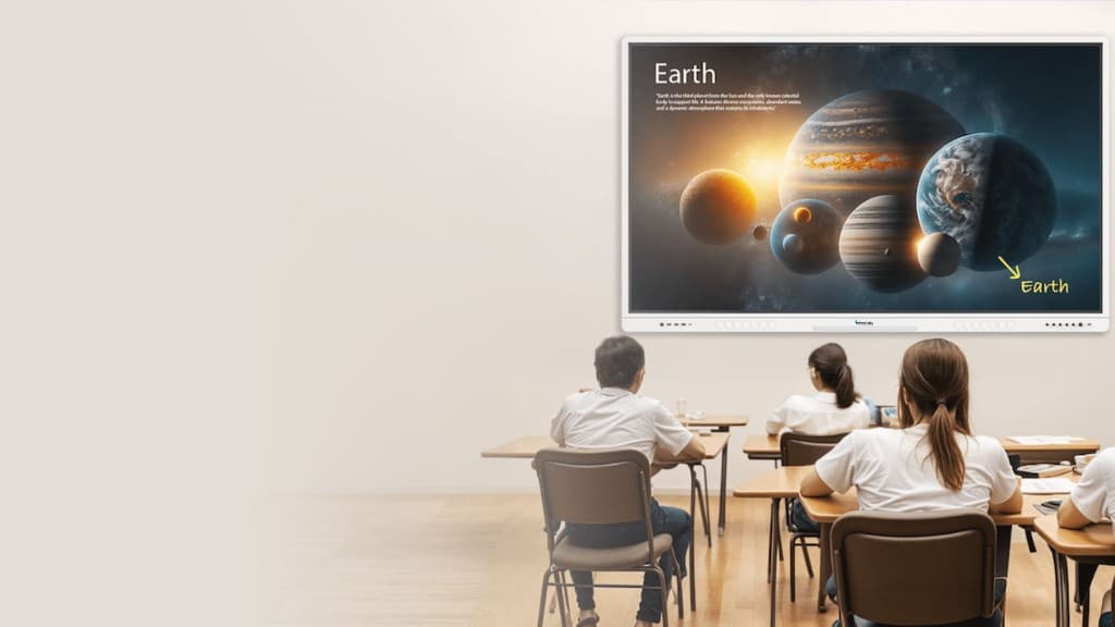 Students in a classroom viewing an interactive lesson on a digital display