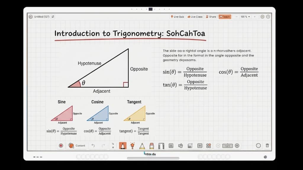 IntraEdu A10 Pro digital whiteboard showing Introduction to Trigonometry SohCahToa lesson