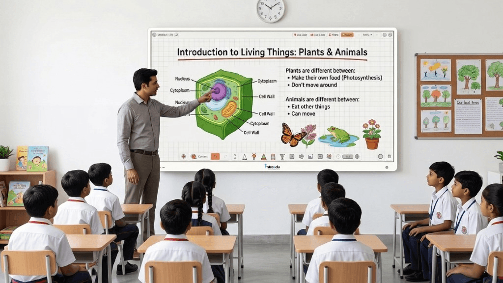 Teacher presenting Introduction to Living Things on the IntraEdu AI digital board with students in a classroom