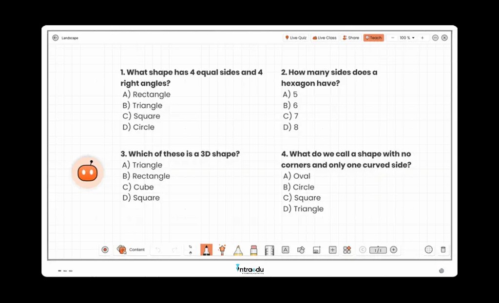 AI-generated geometry quiz on IntraEdu digital whiteboard with Live Quiz and Teach tools