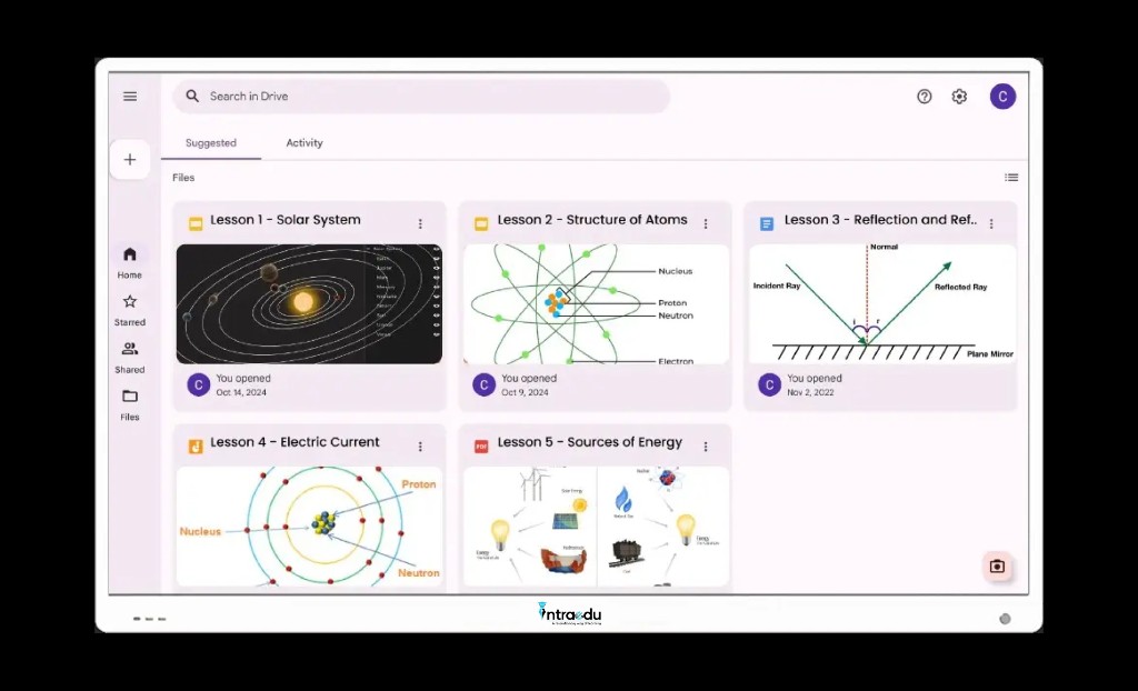 IntraEdu A10 Pro file browser with lesson library including Solar System, atoms, and science topics