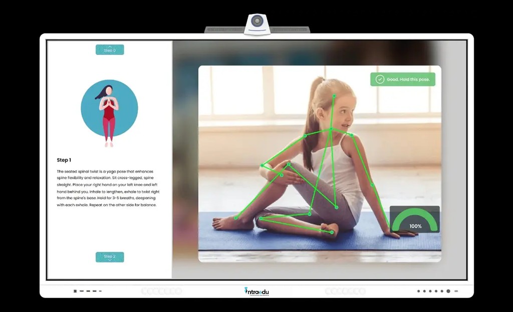 IntraEdu A10 Pro AI-assisted yoga pose coaching with real-time skeletal tracking